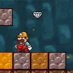 Personaj animat cu cască și salopetă roșie stând pe platforme cubice, lângă un diamant plutitor