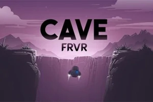 Textul „CAVE FRVR” pe un fundal de peisaj stâncos cu o navă mică ce zboară într-un canion