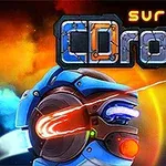 Un robot futurist albastru luminat cu lasere roșii, pe fundal de spațiu cosmic și culori vibrante
