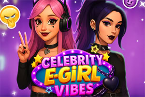 Două personaje animate cu păr roz și albastru, înconjurate de stele și textul Celebrity E-Girl Vibes pe fundal violet