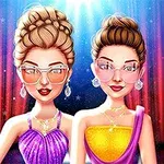 Două femei elegante poartă rochii strălucitoare și ochelari de soare, stând pe un fundal cu lumini și draperii roșii