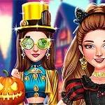 Două personaje costumate pentru Halloween, una cu o pălărie mare și o altă cu o diademă cu urechi de pisică, în fața unui decor de Halloween și un dovleac luminat
