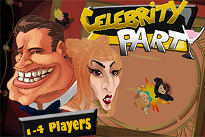 Ilustrație colorată cu caricaturi de persoane zâmbitoare, text Celebrity Party și un pahar de cocktail în colț