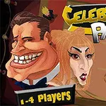 Ilustrație colorată cu caricaturi de persoane zâmbitoare, text Celebrity Party și un pahar de cocktail în colț