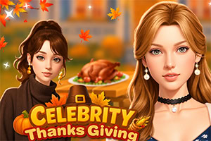 Două femei elegante în prim-plan, curcan fript pe masă și frunze de toamnă, cu textul „Celebrity Thanksgiving