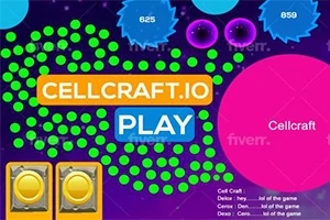 Design colorat și vibrant cu forme circulare verzi, mov și roz, butonul portocaliu „CELLCRAFT