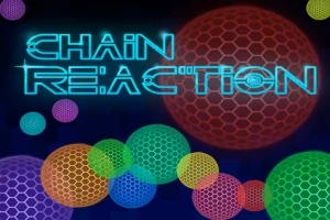 Textul Chain Reaction este scris cu litere futuriste de culoare albastră pe un fundal cu bile colorate cu model de fagure