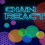 Textul Chain Reaction este scris cu litere futuriste de culoare albastră pe un fundal cu bile colorate cu model de fagure