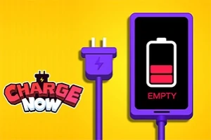 Un telefon cu baterie descărcată, afișând mesajul EMPTY, alături de un cablu de încărcare violet pe un fundal galben