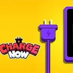Un telefon cu baterie descărcată, afișând mesajul EMPTY, alături de un cablu de încărcare violet pe un fundal galben