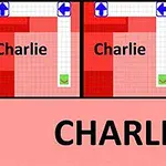 Textul „Charlie” este prezentat de trei ori pe un fundal roșu cu săgeți albastre, afișate pe un rând deasupra unei suprapuneri roz cu același text redimensionat