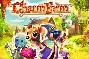 Charm Farm Creaturi fanteziste colorate, printre care un vrăjitor misterioas cu un toiag și animale prietenoase, într-un peisaj luminos, cu clădiri fermecătoare în fundal
