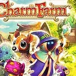 Charm Farm Creaturi fanteziste colorate, printre care un vrăjitor misterioas cu un toiag și animale prietenoase, într-un peisaj luminos, cu clădiri fermecătoare în fundal