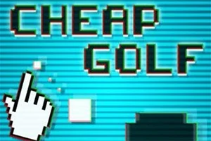 Text pixelat „CHEAP GOLF” pe un fundal albastru cu linii orizontale și un cursor de mână îndreptat spre un pătrat alb