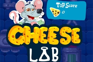 Un șoricel desenat animat cu ochelari și cuvântul „CHEESE LAB” scris într-un font mare și galben, pe un fundal albastru cu elemente de laborator