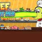 Un bucătar animat cu fața verde se află în fața unui raft cu diverse ingrediente și produse alimentare, purtând o uniformă albă de bucătar
