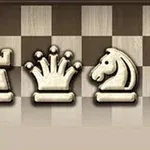 Piese de șah albe stilizate pe un fundal de tablă de șah, incluzând un turn, o regină, un cal și un pion