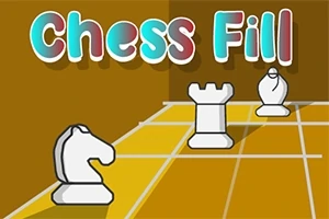 Piese de șah albe plasate pe o tablă cu linii galbene și titlul Chess Fill în partea de sus