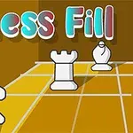 Piese de șah albe plasate pe o tablă cu linii galbene și titlul Chess Fill în partea de sus
