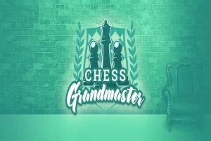Siglă cu piese de șah și textul Chess Grandmaster pe un fundal verde cu un perete de cărămidă și un fotoliu elegant în dreapta