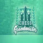 Siglă cu piese de șah și textul Chess Grandmaster pe un fundal verde cu un perete de cărămidă și un fotoliu elegant în dreapta