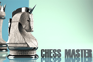 Piesă de șah în formă de cal cu un corn pe fundal albastru, alături de textul CHESS MASTER