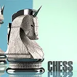 Piesă de șah în formă de cal cu un corn pe fundal albastru, alături de textul CHESS MASTER