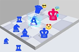 Piese de șah albastre și roșii pe o tablă în unghi, cu emoji-uri expresive deasupra