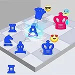 Piese de șah albastre și roșii pe o tablă în unghi, cu emoji-uri expresive deasupra
