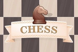 Piesă de cal maro pe un fundal de tablă de șah, deasupra unui banner cu inscripția CHESS