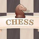 Piesă de cal maro pe un fundal de tablă de șah, deasupra unui banner cu inscripția CHESS