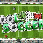 Imagine cu un teren de fotbal stilizat, bile colorate și textul Pool Chiiillini Soccer în centru