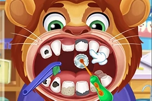 Un leu animat cu gura larg deschisă, având uneltele dentare colorate care curăță și repară dinții deteriorați
