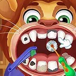Un leu animat cu gura larg deschisă, având uneltele dentare colorate care curăță și repară dinții deteriorați
