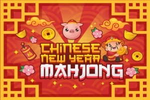 Elemente decorative de Anul Nou Chinezesc cu un porc, o figurină și monede pe un fundal roșu cu motive tradiționale
