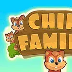 Un semn de lemn cu textul Chip Family, înconjurat de cinci veverițe cu ochi mari și obraji roz