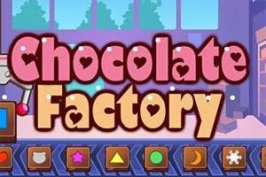Textul Chocolate Factory este plasat într-un decor colorat cu elemente grafice stilizate și simboluri