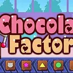 Textul Chocolate Factory este plasat într-un decor colorat cu elemente grafice stilizate și simboluri