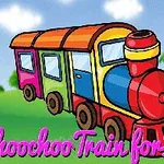 Tren colorat cu vagoane roz, mov și albastru pe un fundal verde, cu text roz Choochoo Train for Kids