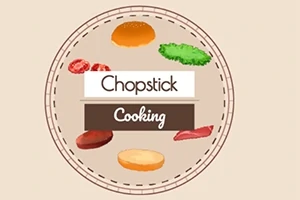 Logo cu ingrediente de hamburger și textul Chopstick Cooking