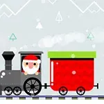 Un tren de jucărie în care se află un personaj îmbrăcat ca Moș Crăciun, pe un fundal cu munți și copaci stilizați