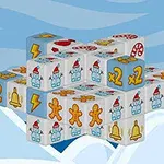 Cuburi albe suprapuse decorate cu simboluri festive precum omuleți de turtă dulce, fulgere, clopoței, oameni de zăpadă și bastoane de zahăr