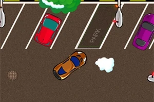 Mașină portocalie parcată între vehicule roșii și mov într-o parcare văzută de sus