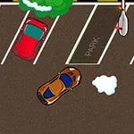 Mașină portocalie parcată între vehicule roșii și mov într-o parcare văzută de sus