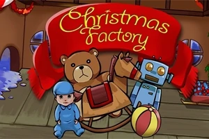 Un ursuleț de pluș, un robot, un copil și o minge colorată sub un banner roșu cu text galben