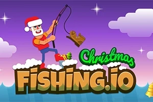 Un personaj cu șapcă de Moș Crăciun pescuiește un săniuș într-un decor de Crăciun cu textul Christmas Fishing