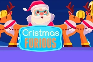Moș Crăciun și doi reni desenați într-un stil caricatural, cu un banner albastru care afișează textul Cristmas Furious