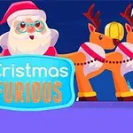 Moș Crăciun și doi reni desenați într-un stil caricatural, cu un banner albastru care afișează textul Cristmas Furious