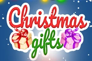 Text colorat Christmas gifts pe un fundal albastru cu două cadouri ambalate și steluțe albe
