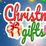 Text colorat Christmas gifts pe un fundal albastru cu două cadouri ambalate și steluțe albe